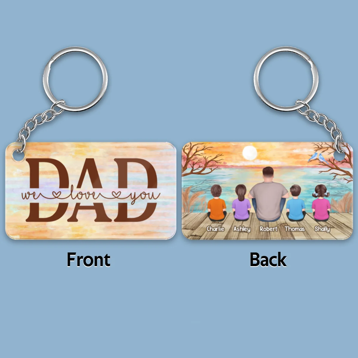 Lake View Best Dad Ever Back View Man Sitting With Kids Dogs Cats Personalized Acrylic Keychain - Image 4