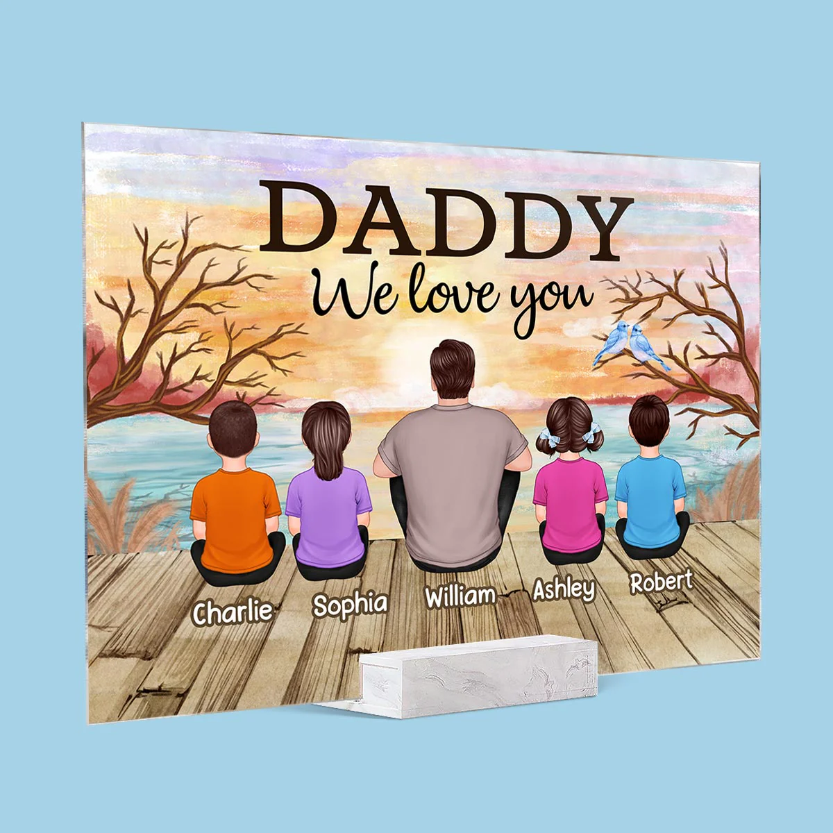 Lake View Dad Grandpa We Love You Back View Dad And Kids Dogs Cats Sitting Personalized Acrylic Plaque - Image 2