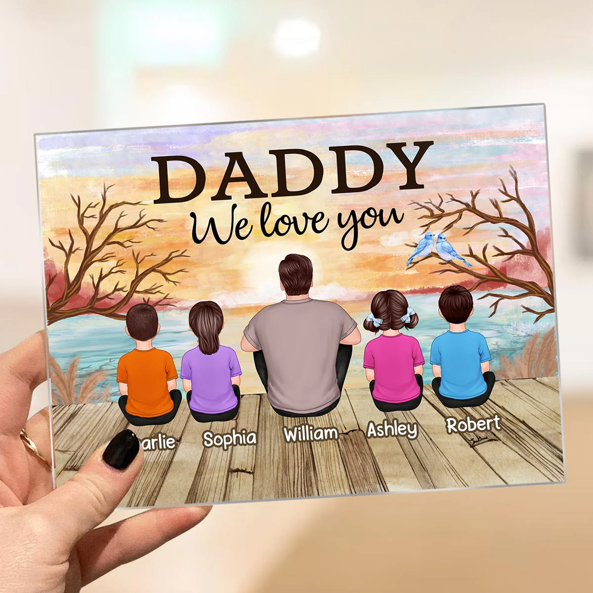 Lake View Dad Grandpa We Love You Back View Dad And Kids Dogs Cats Sitting Personalized Acrylic Plaque - Image 3