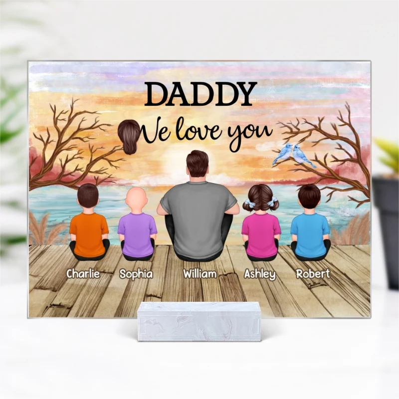 Lake View Dad Grandpa We Love You Back View Dad And Kids Dogs Cats Sitting Personalized Acrylic Plaque - Image 4