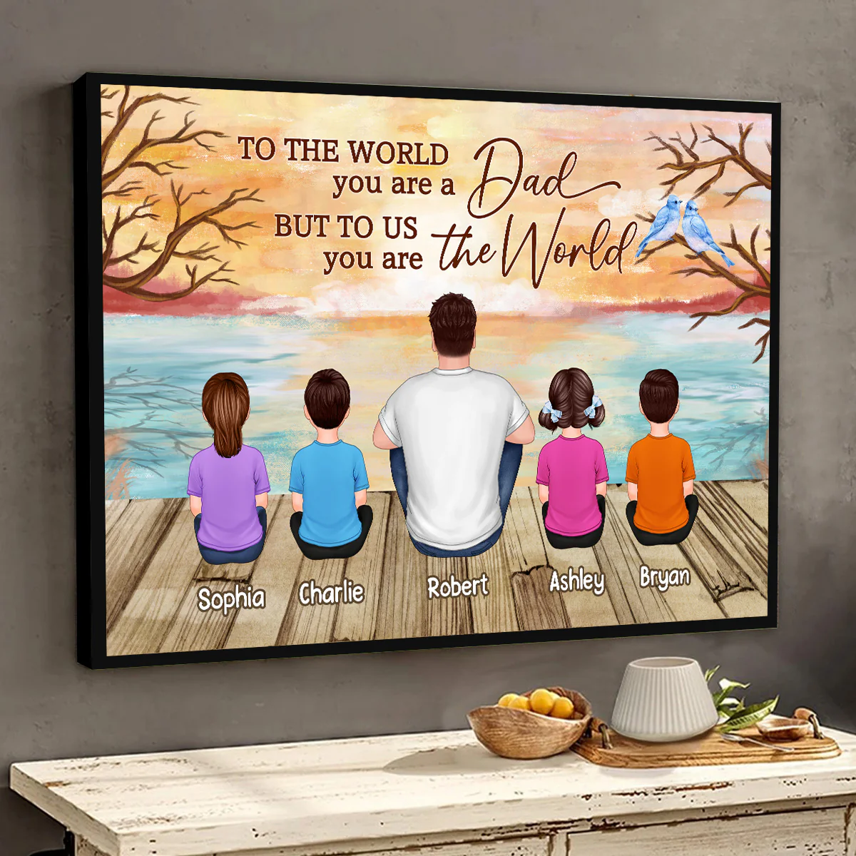Lake View Dad Grandpa We Love You Back View Dad And Kids Dogs Cats Sitting Personalized Horizontal Poster - Image 3