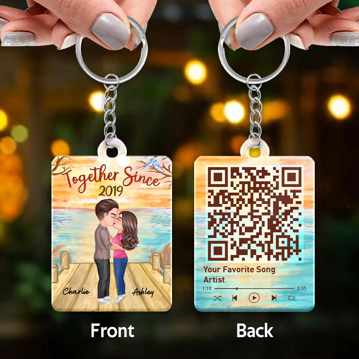 Lake View Doll Couple Kissing Favorite Song Scannable QR Code Personalized Acrylic Keychain - Image 3