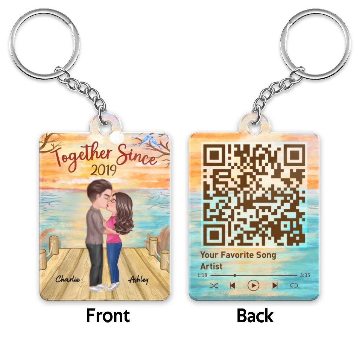 Lake View Doll Couple Kissing Favorite Song Scannable QR Code Personalized Acrylic Keychain - Image 4
