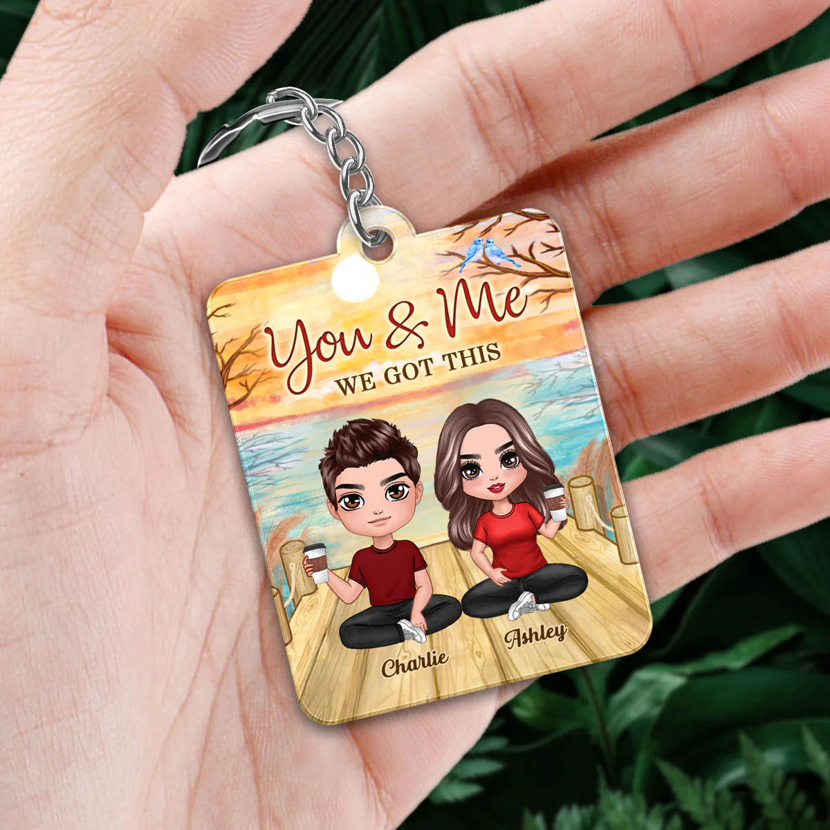 Lake View Doll Couple Sitting Favorite Song Scannable QR Code Personalized Acrylic Keychain - Image 2