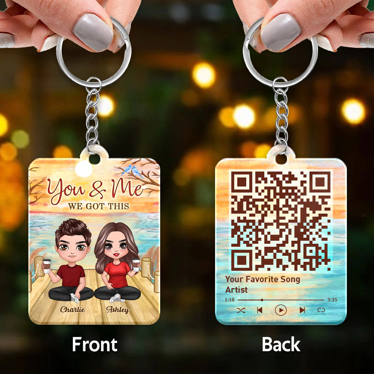 Lake View Doll Couple Sitting Favorite Song Scannable QR Code Personalized Acrylic Keychain - Image 3