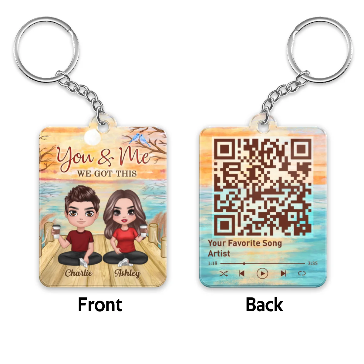 Lake View Doll Couple Sitting Favorite Song Scannable QR Code Personalized Acrylic Keychain - Image 4