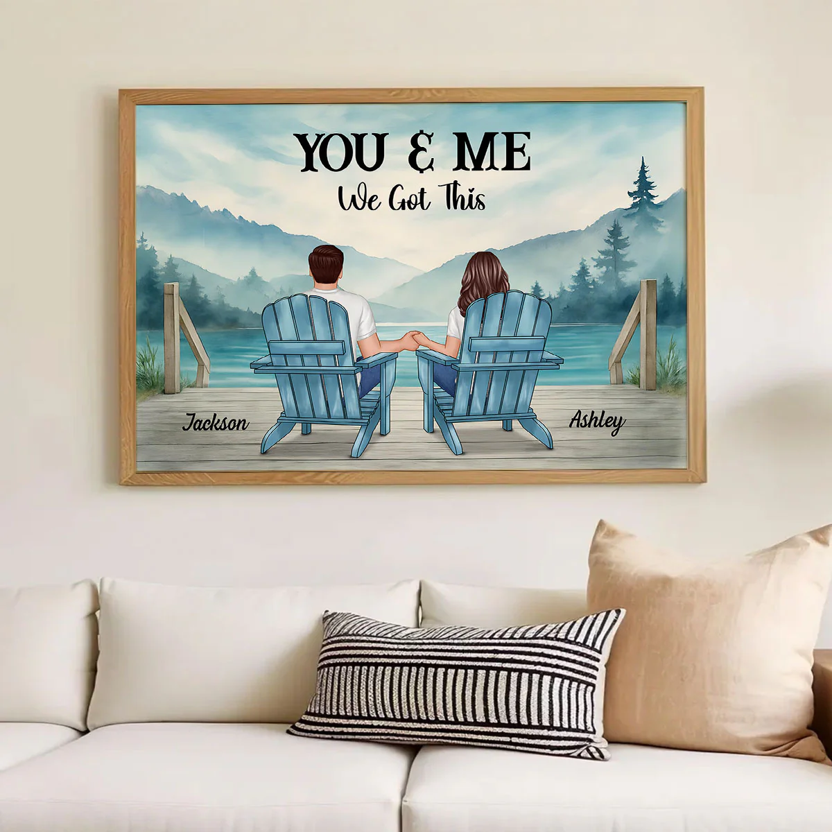 Lakeside Mountain Landscape Couple Back View Personalized Poster, Anniversary Gift for Him for Her - Image 2