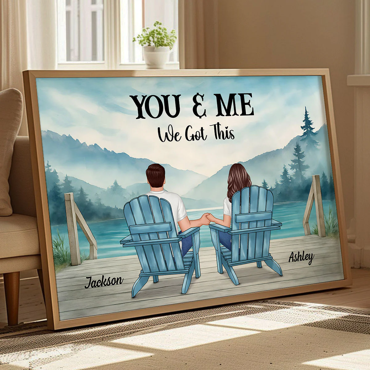 Lakeside Mountain Landscape Couple Back View Personalized Poster, Anniversary Gift for Him for Her - Image 3