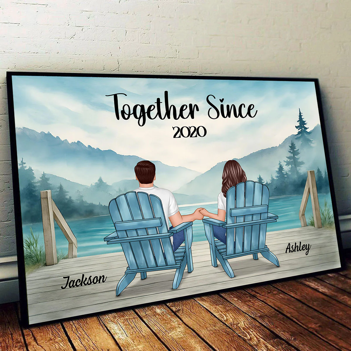Lakeside Mountain Landscape Couple Back View Personalized Poster, Anniversary Gift for Him for Her - Image 5