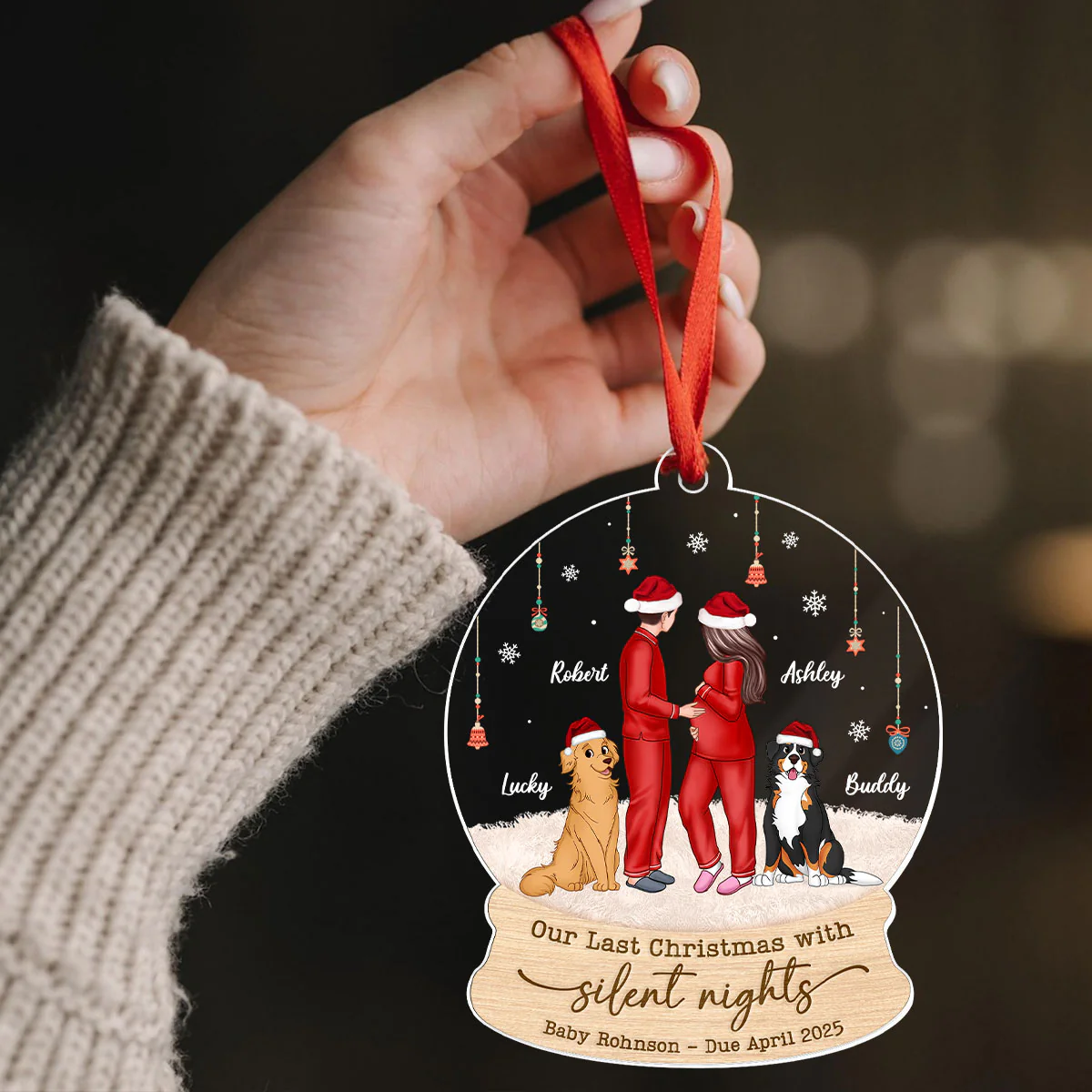 Last Christmas With Silent Nights, Expecting Family, Baby Coming Soon, Pregnancy Announcement Personalized Acrylic Ornament - Image 2