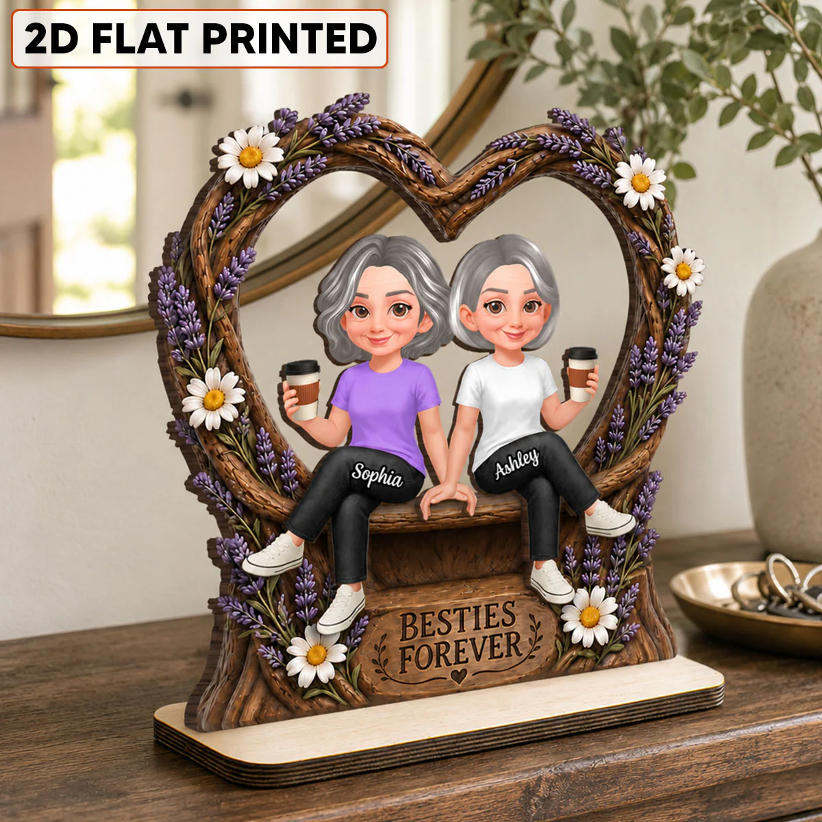 Lavender Flowers Besties Forever - Personalized 2-Layered Wooden Plaque - Birthday Gift, Gift For Best Friends - Image 2