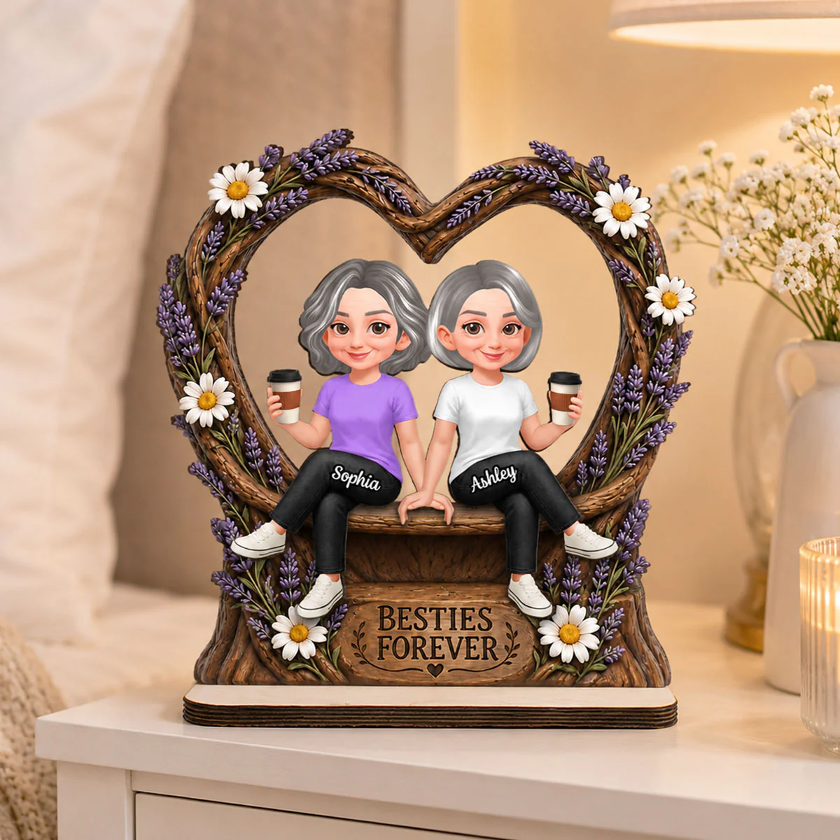 Lavender Flowers Besties Forever - Personalized 2-Layered Wooden Plaque - Birthday Gift, Gift For Best Friends - Image 3