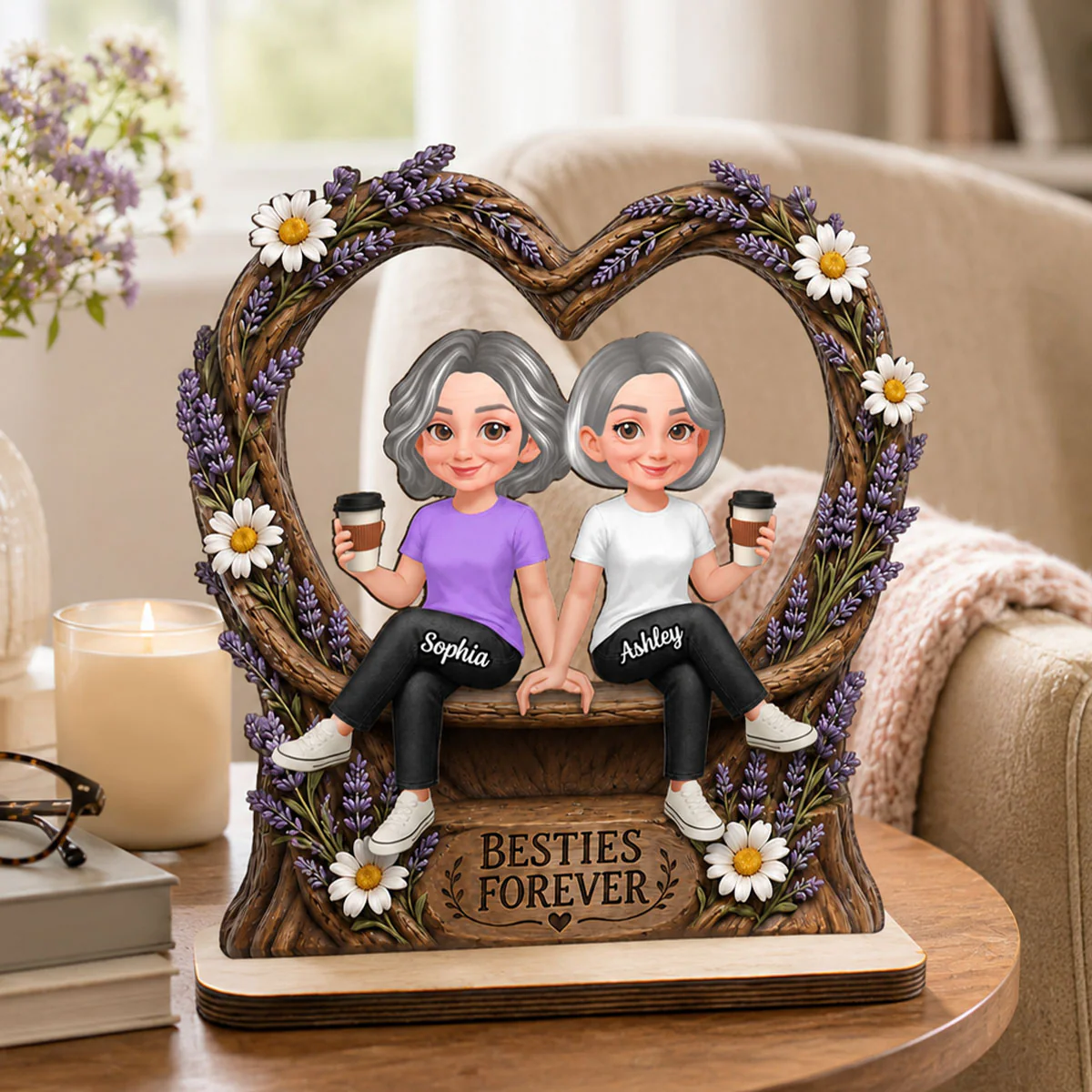 Lavender Flowers Besties Forever - Personalized 2-Layered Wooden Plaque - Birthday Gift, Gift For Best Friends - Image 5