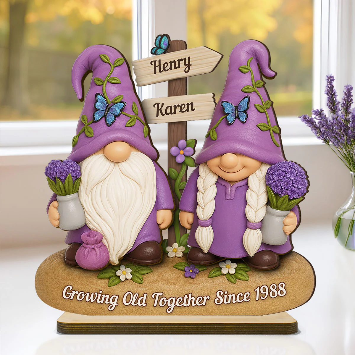 Lavender Gnome Couple - Personalized Standing Wooden Plaque - Gift for Couple, for Him, for Her - Image 3