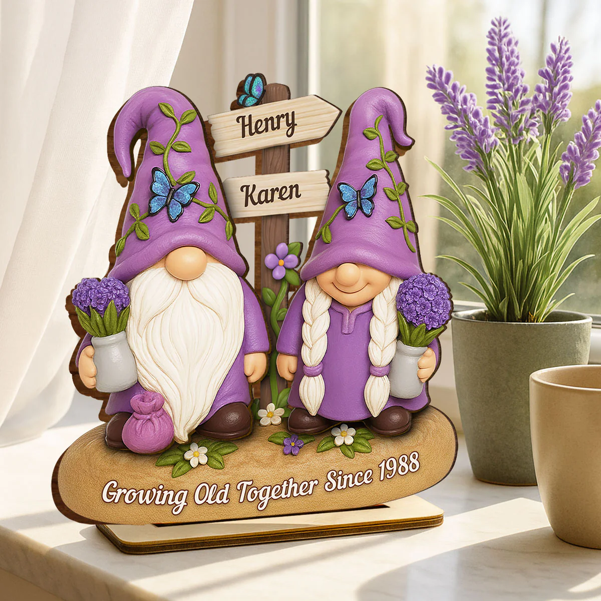Lavender Gnome Couple - Personalized Standing Wooden Plaque - Gift for Couple, for Him, for Her - Image 4