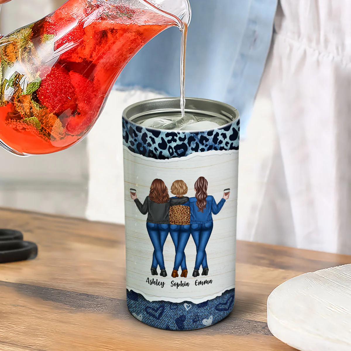 Leopard And Denim Besties Sisters Personalized 4 In 1 Can Cooler - Image 4