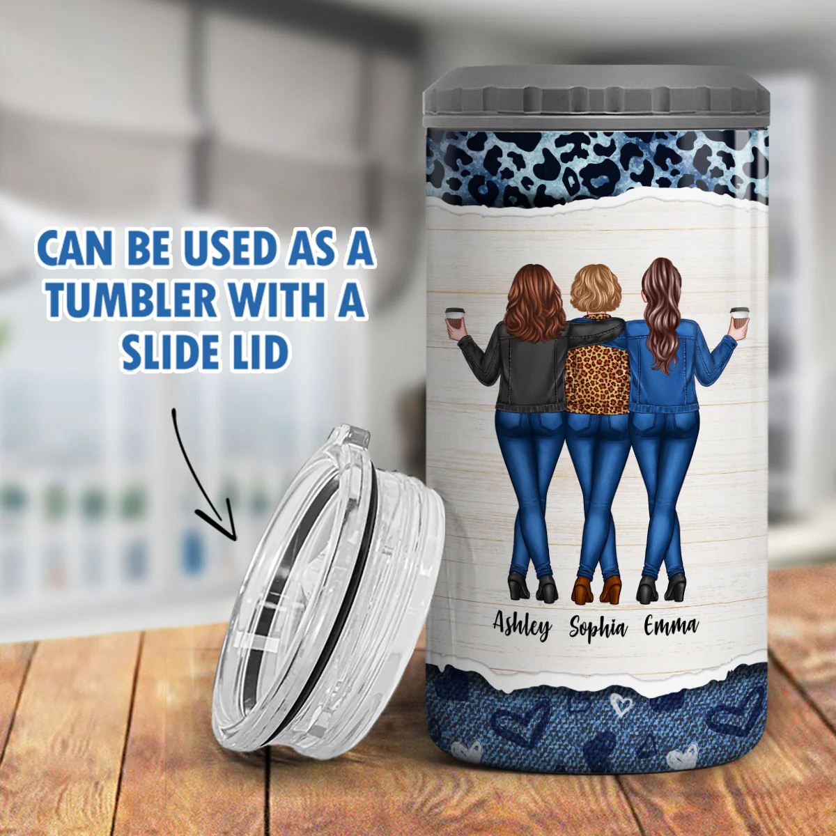 Leopard And Denim Besties Sisters Personalized 4 In 1 Can Cooler - Image 7