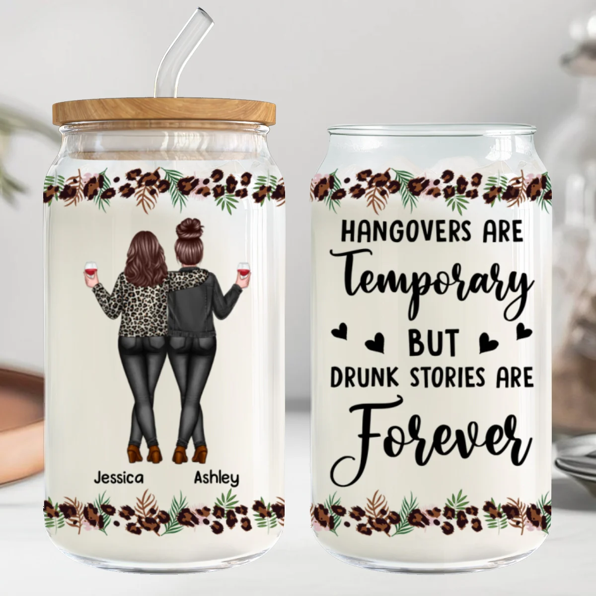 Leopard Back View Besties Personalized Clear Glass Can - Image 11