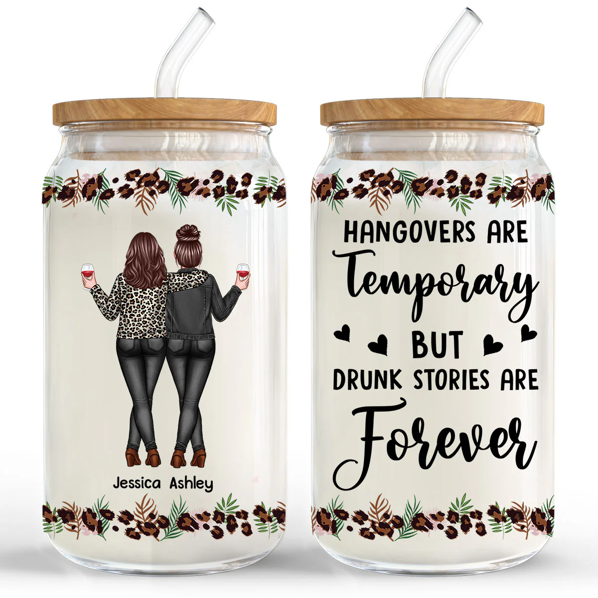 Leopard Back View Besties Personalized Clear Glass Can - Image 4