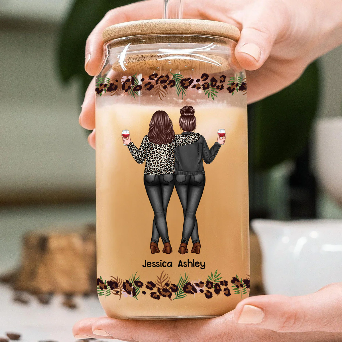 Leopard Back View Besties Personalized Clear Glass Can - Image 5