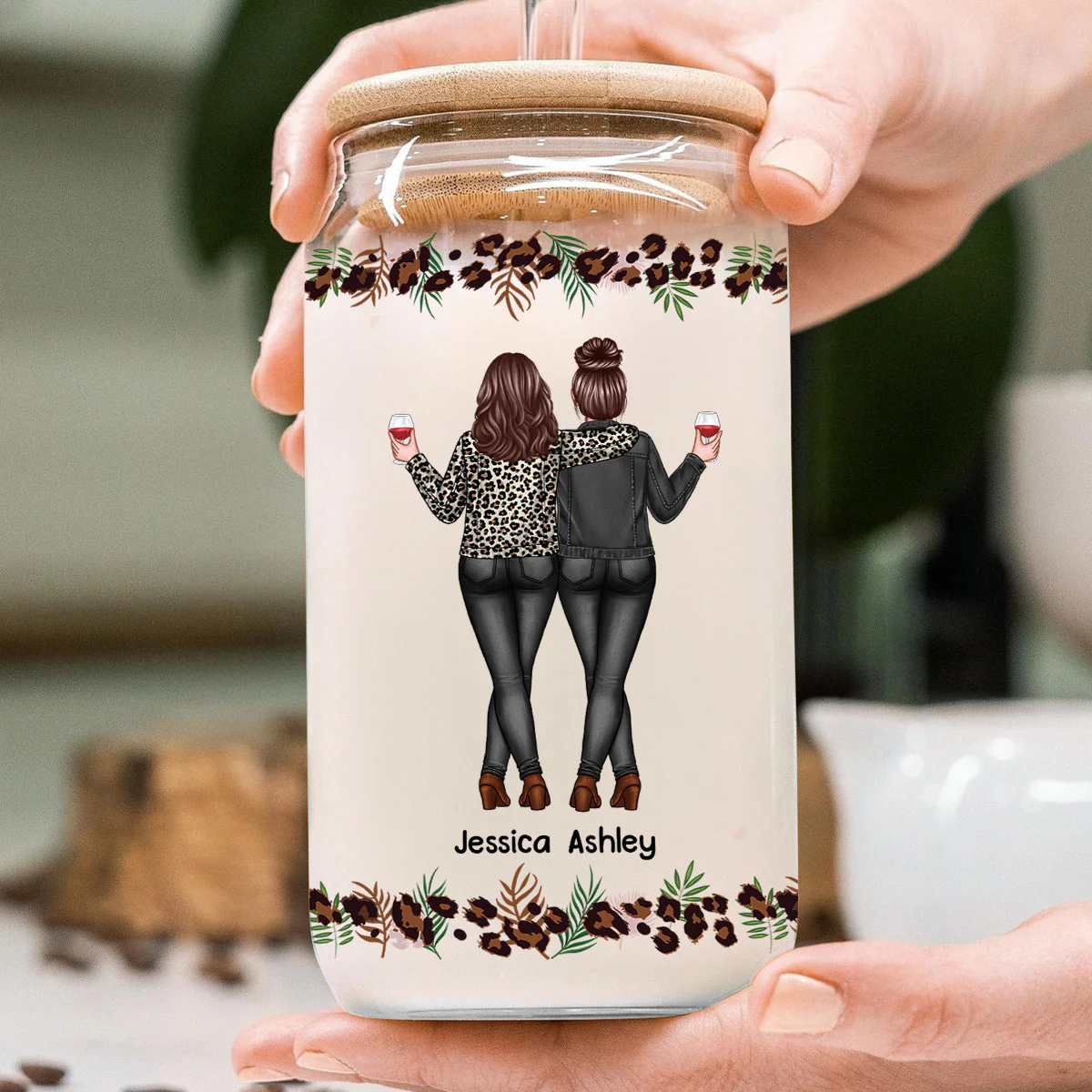 Leopard Back View Besties Personalized Clear Glass Can - Image 6