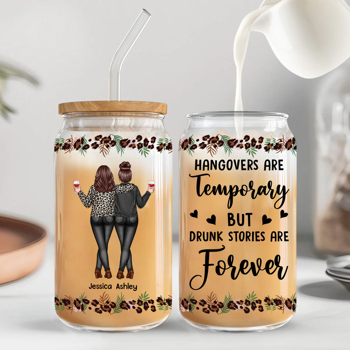 Leopard Back View Besties Personalized Clear Glass Can - Image 7