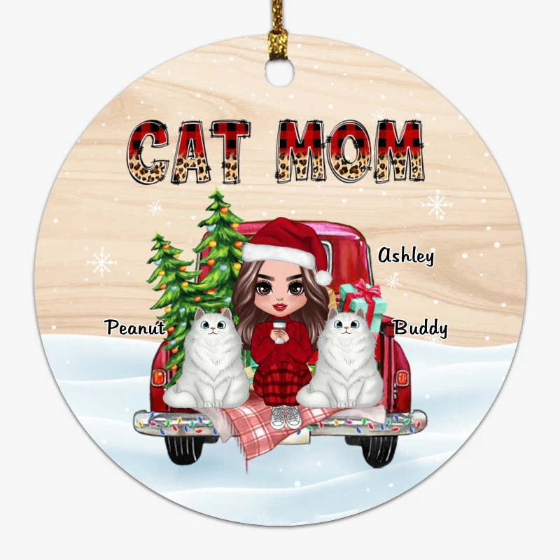 Leopard Cat Mom On Truck Personalized Circle Ornament - Image 2