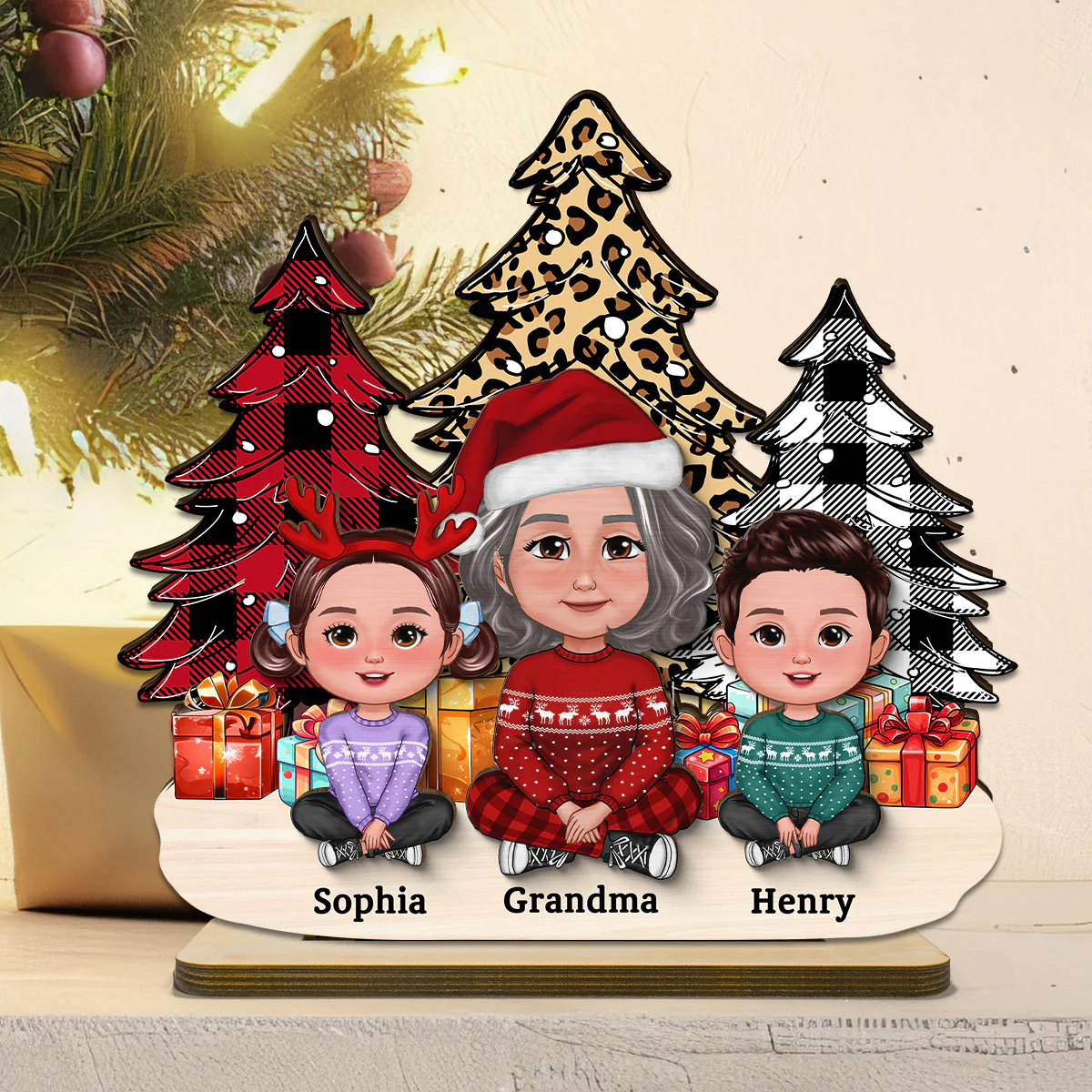 Leopard Checkered Christmas Tree Grandma & Grandkids Tabletop Decor Personalized 2-Layer Standing Wooden Plaque - Image 9