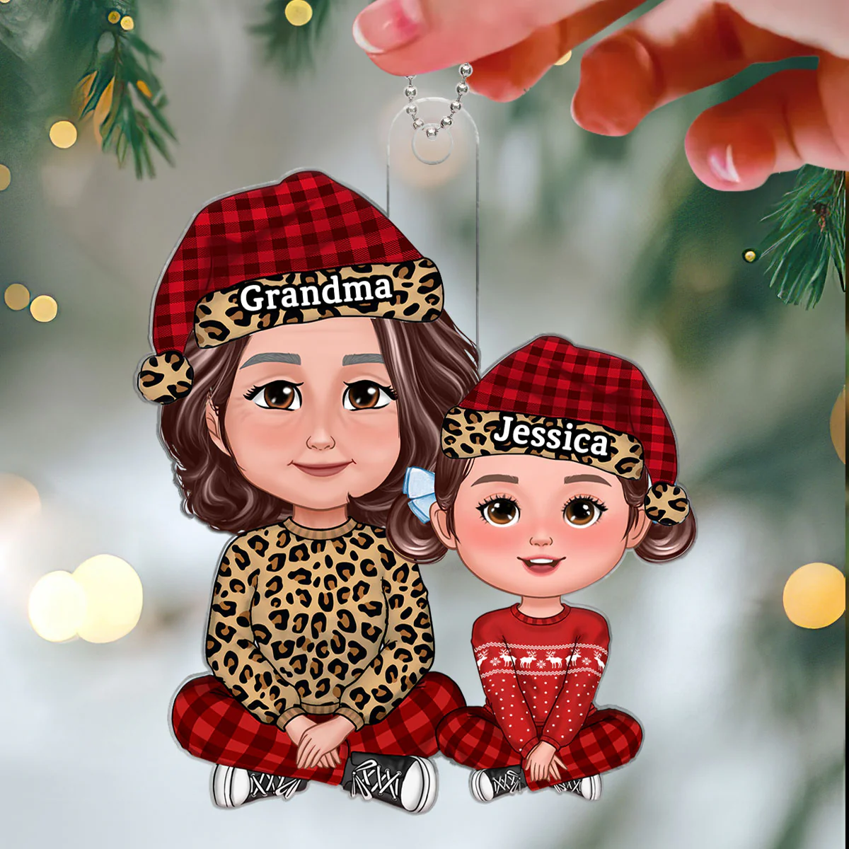 Leopard Checkered Grandma Grandkid Crossed Legs Christmas Gift For Granddaughter Grandson Personalized Acrylic Ornament - Image 3