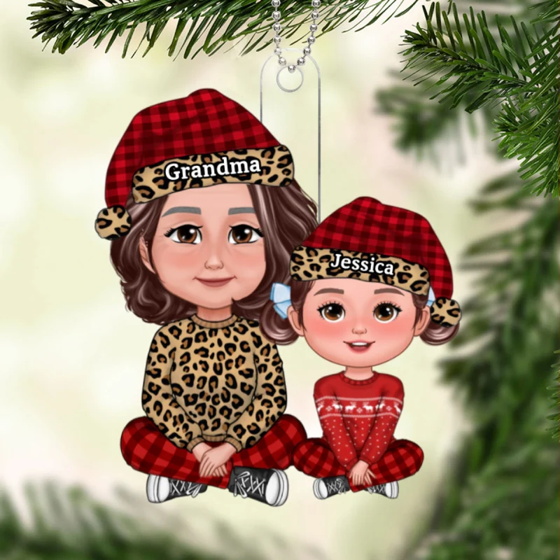 Leopard Checkered Grandma Grandkid Crossed Legs Christmas Gift For Granddaughter Grandson Personalized Acrylic Ornament - Image 5
