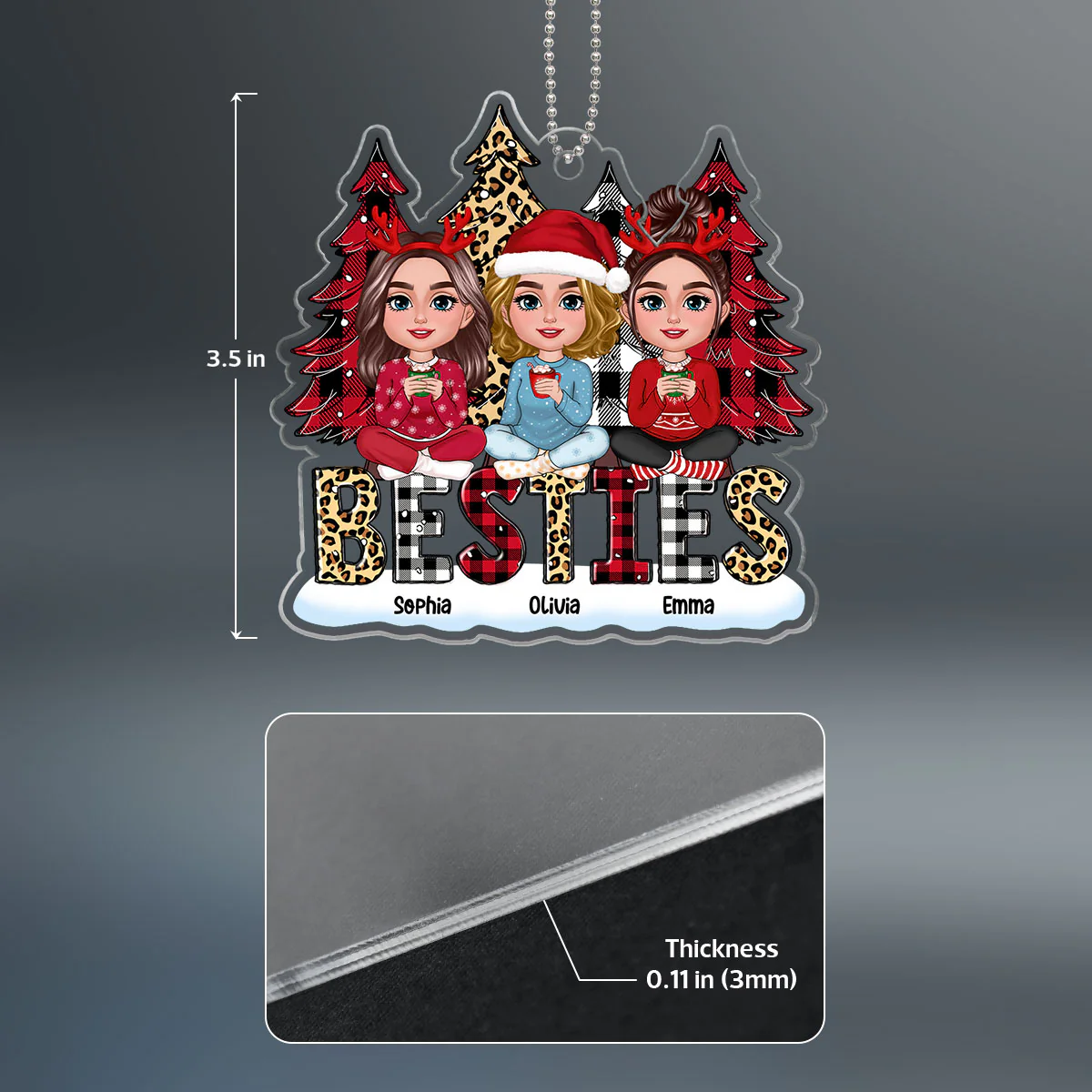 Leopard Checkered Pattern Christmas Tree Besties Sisters Personalized Acrylic Ornament - Image 4