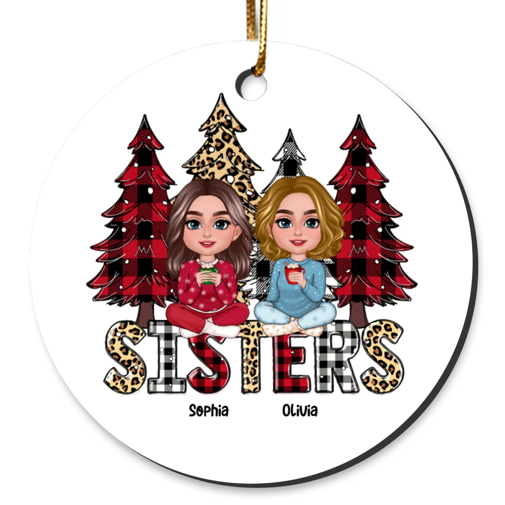 Leopard Checkered Pattern Christmas Tree Besties Sisters Personalized Circle Ornament - Image 2