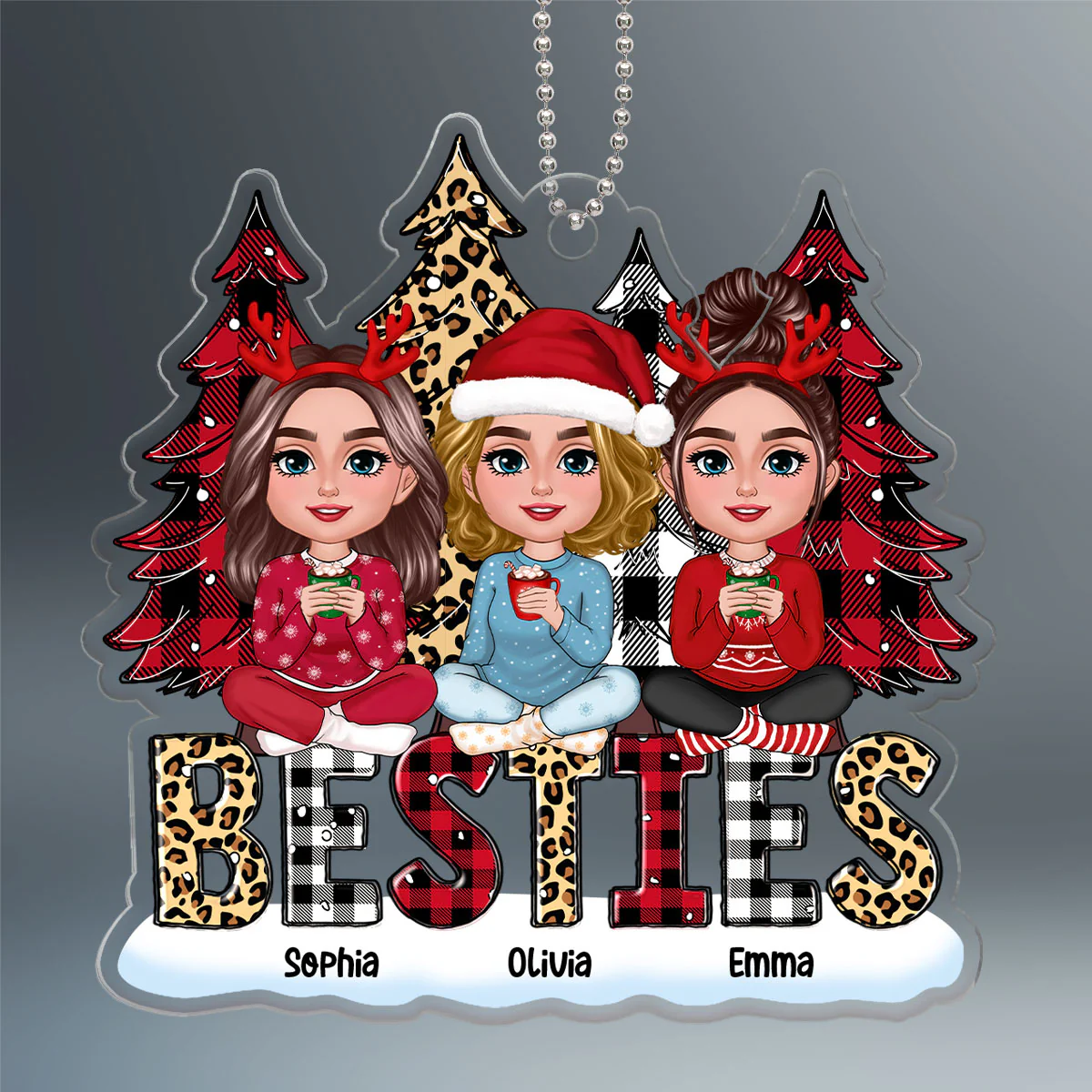Leopard Checkered Pattern Christmas Tree Besties Sisters Personalized Acrylic Ornament - Image 2