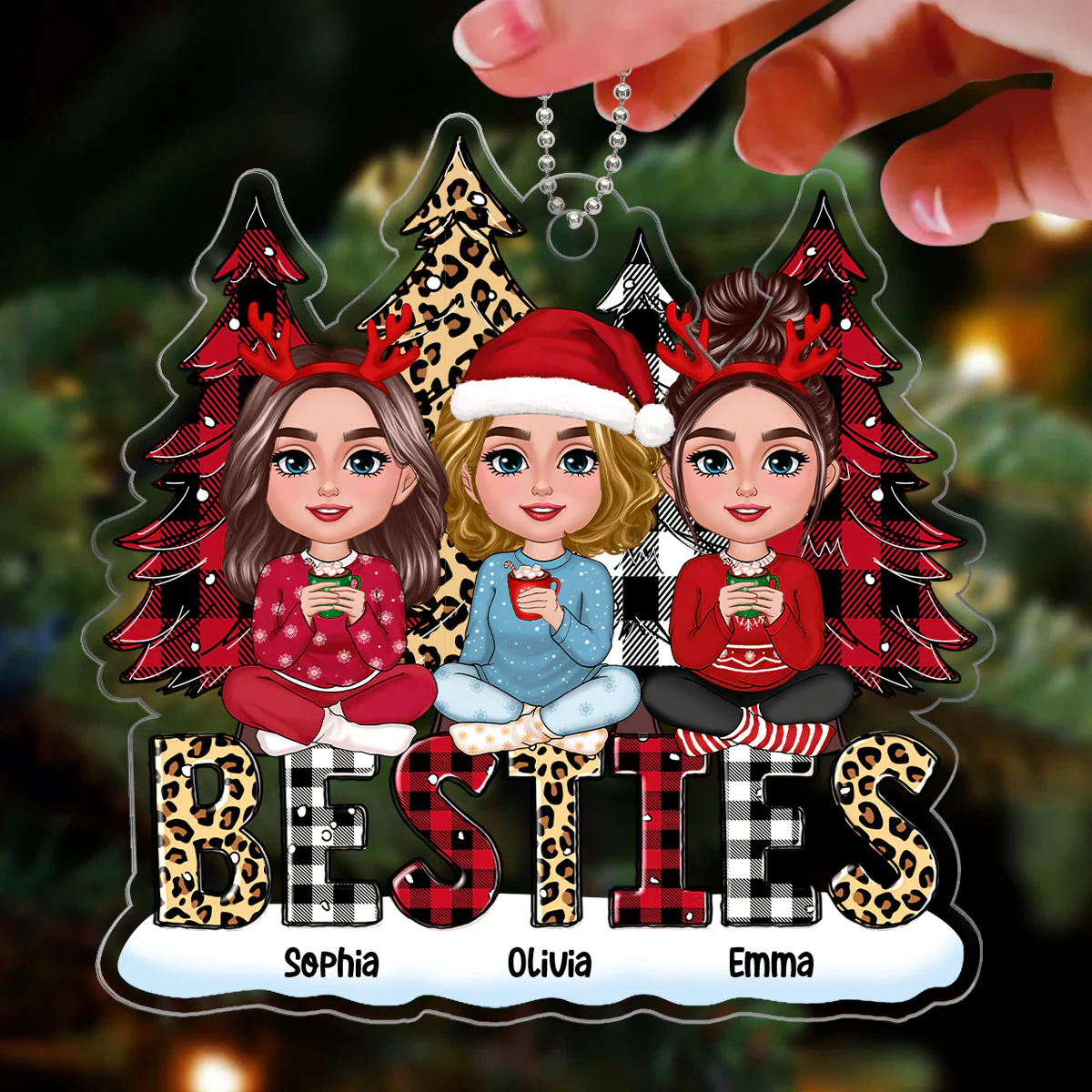 Leopard Checkered Pattern Christmas Tree Besties Sisters Personalized Acrylic Ornament - Image 3