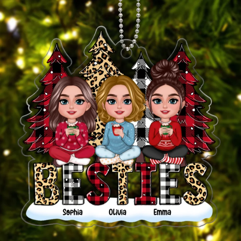 Leopard Checkered Pattern Christmas Tree Besties Sisters Personalized Acrylic Ornament - Image 5