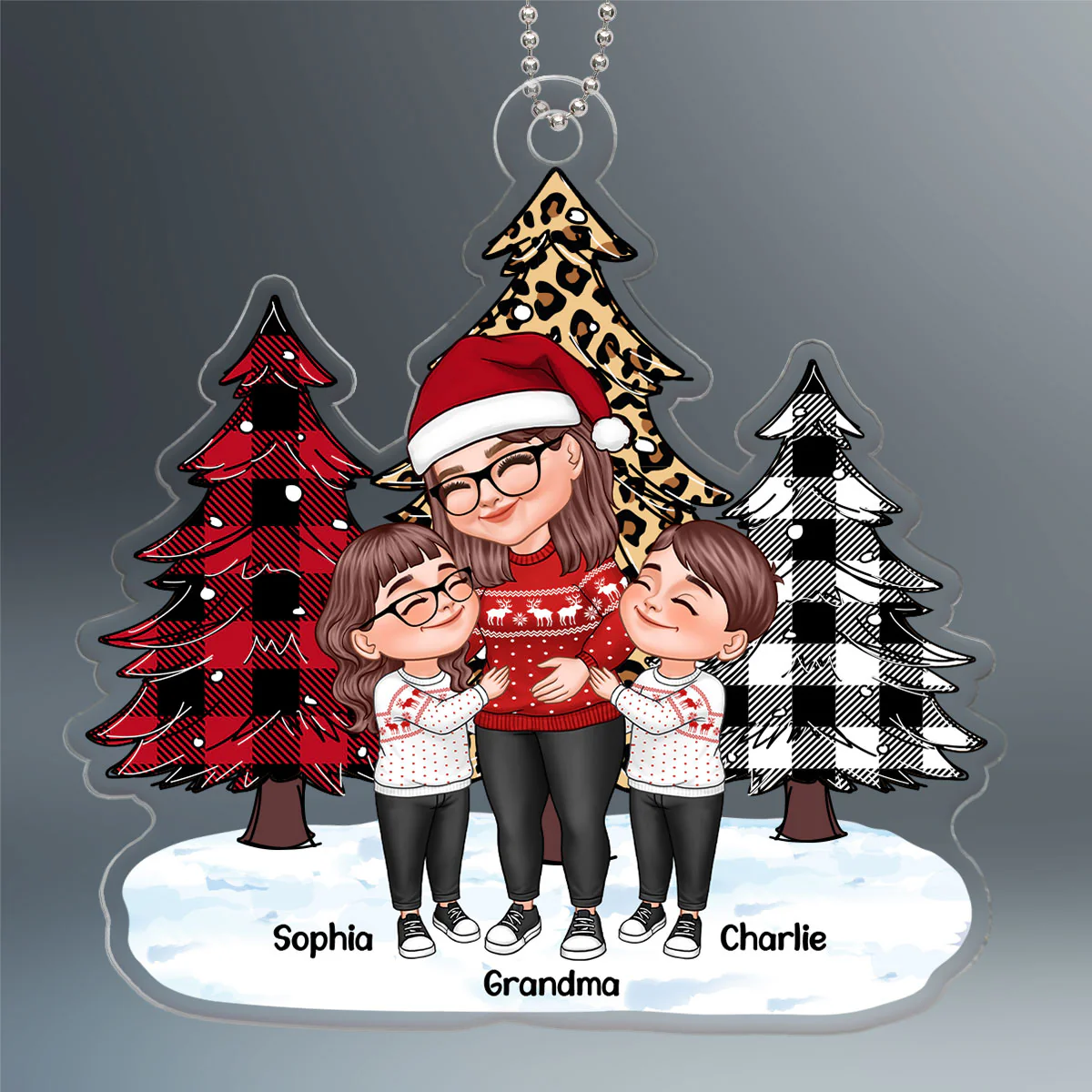 Leopard Checkered Pattern Christmas Tree Cartoon Grandma & Grandkids Hugging Personalized Acrylic Ornament - Image 2