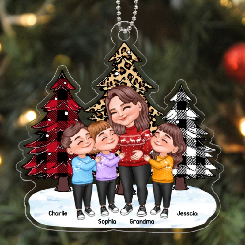 Leopard Checkered Pattern Christmas Tree Cartoon Grandma & Grandkids Hugging Personalized Acrylic Ornament - Image 5