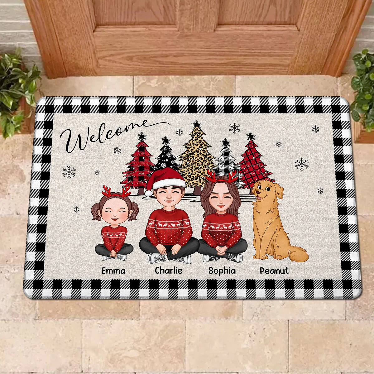 Leopard Checkered Pattern Christmas Tree Cute Family Dad Mom Kids Dogs Cats Personalized Doormat - Image 2