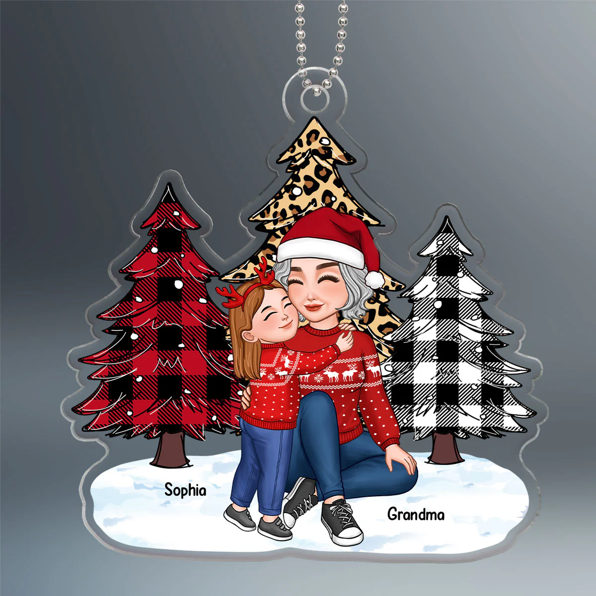 Leopard Checkered Pattern Christmas Tree Cute Grandma Grandkids Personalized Acrylic Ornament - Image 2