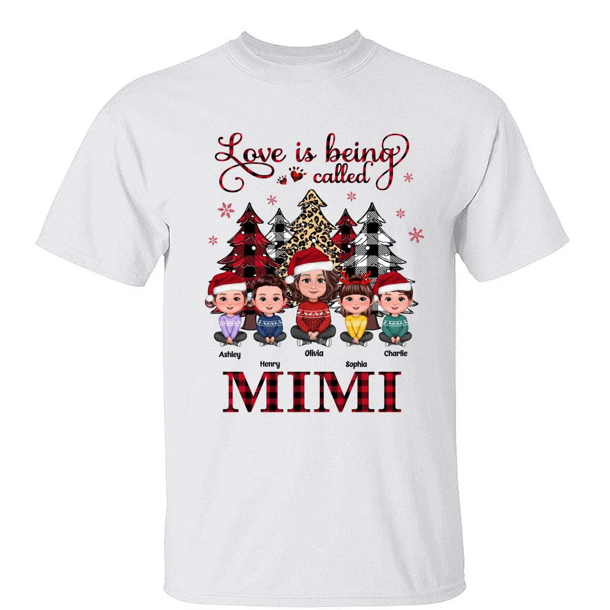 Leopard Checkered Pattern Christmas Tree Doll Grandma Grandkids Sitting Crossed Legs Personalized Shirt