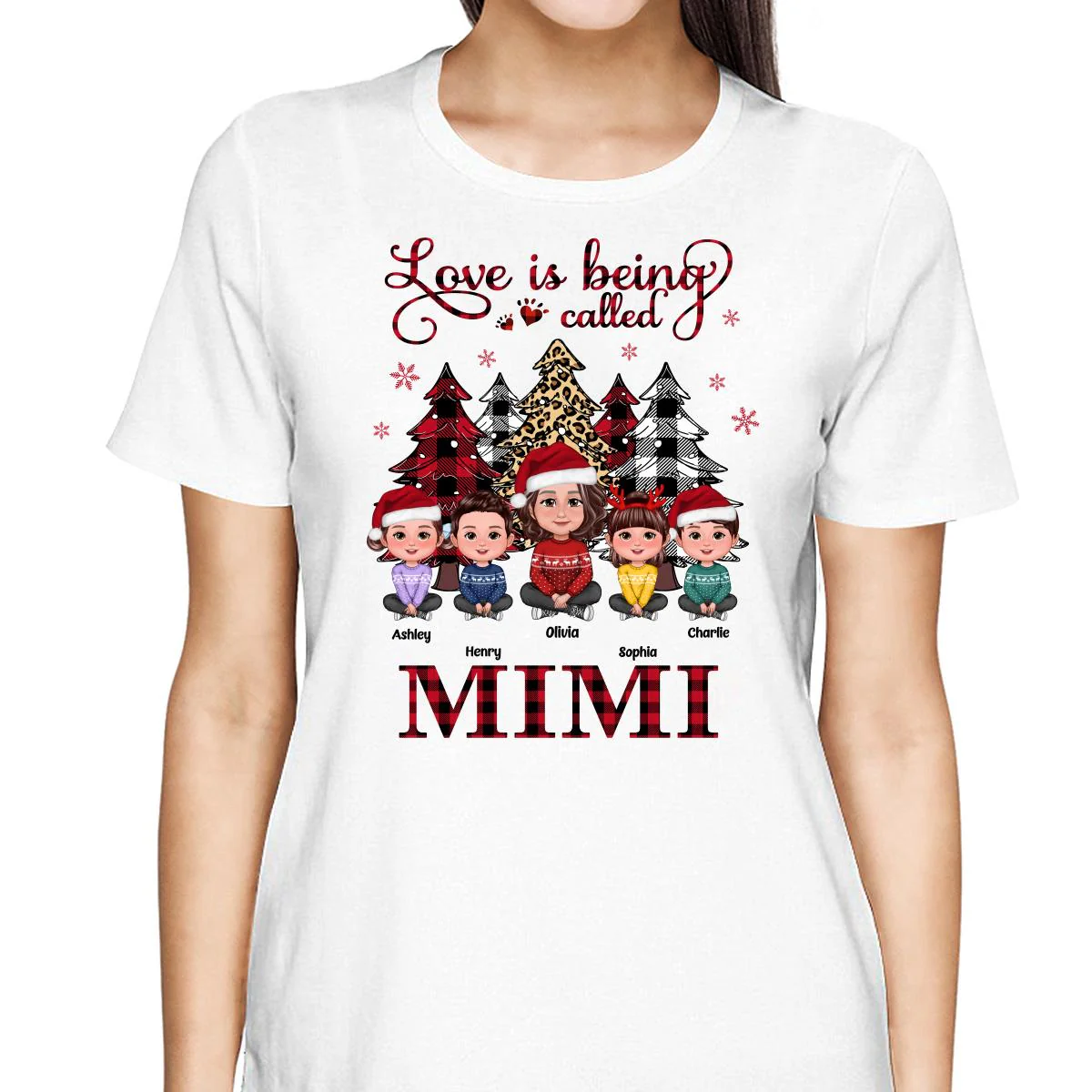 Leopard Checkered Pattern Christmas Tree Doll Grandma Grandkids Sitting Crossed Legs Personalized Shirt - Image 2