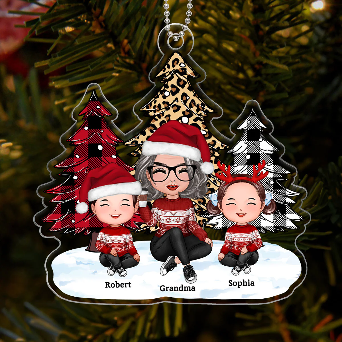Leopard Checkered Pattern Tree Grandma Grandkids Happy Face Personalized Acrylic Ornament - Image 3