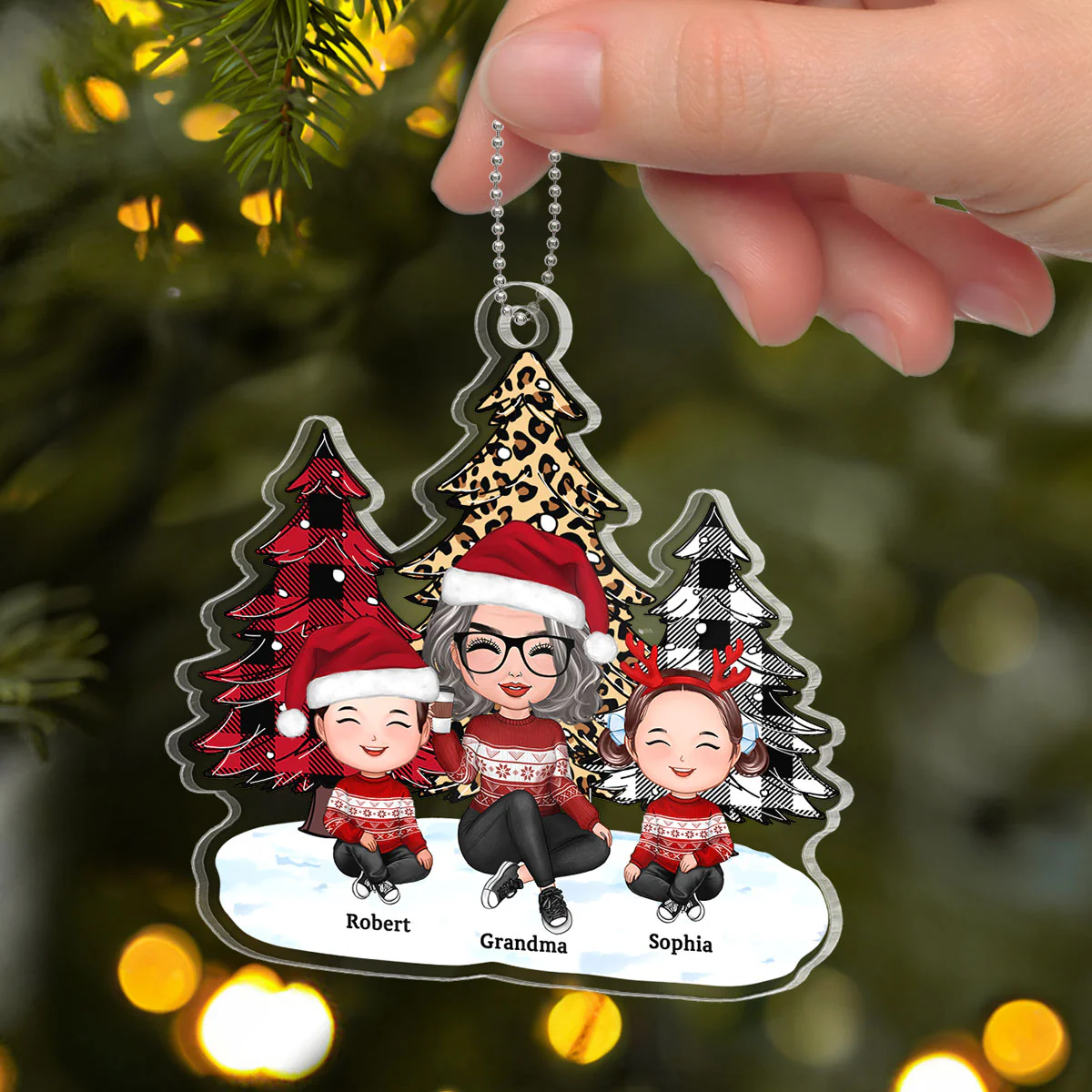Leopard Checkered Pattern Tree Grandma Grandkids Happy Face Personalized Acrylic Ornament - Image 4