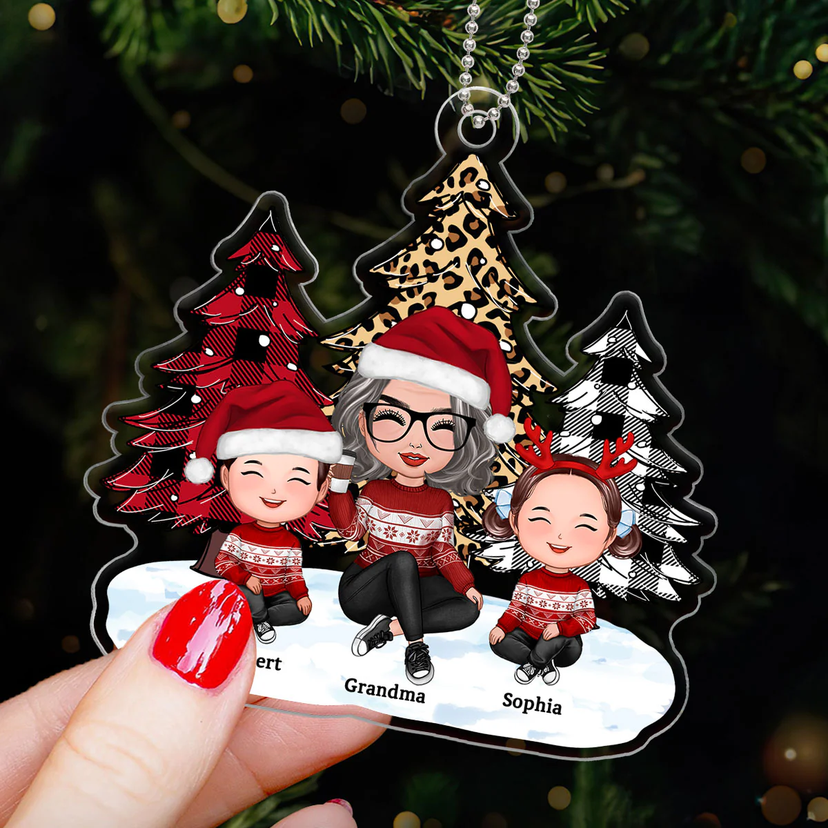 Leopard Checkered Pattern Tree Grandma Grandkids Happy Face Personalized Acrylic Ornament - Image 5