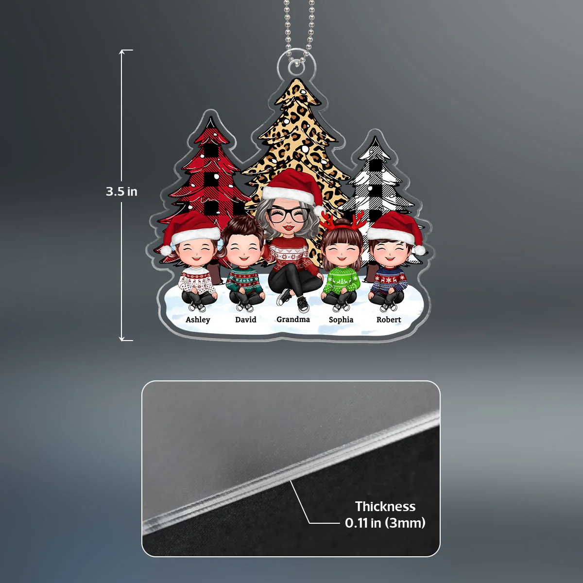 Leopard Checkered Pattern Tree Grandma Grandkids Happy Face Personalized Acrylic Ornament - Image 6