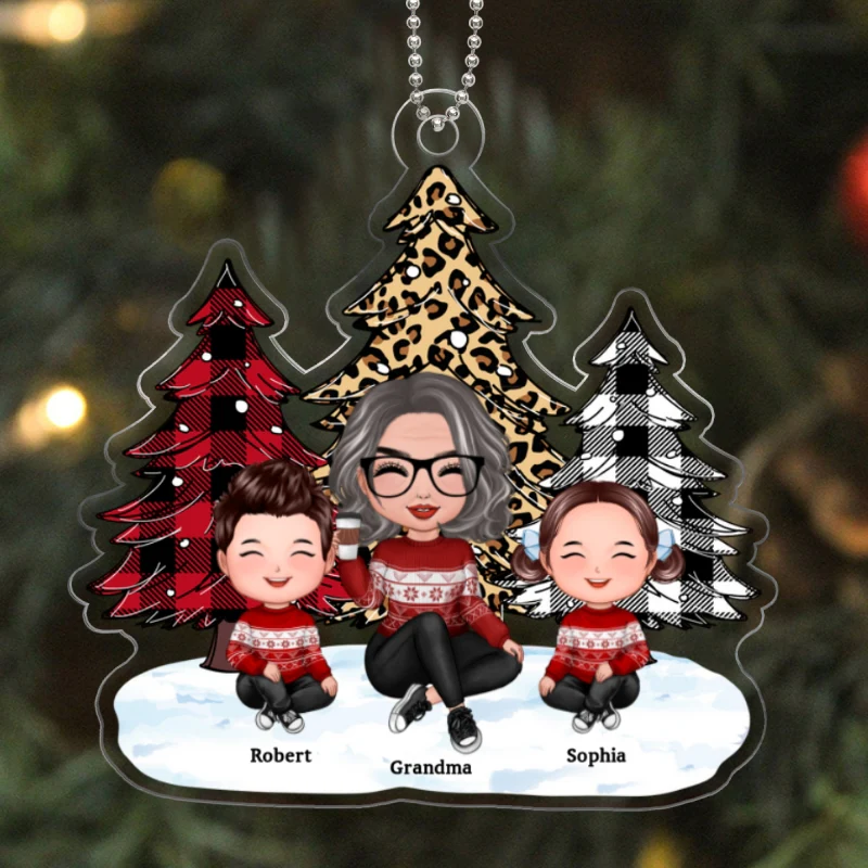 Leopard Checkered Pattern Tree Grandma Grandkids Happy Face Personalized Acrylic Ornament - Image 7