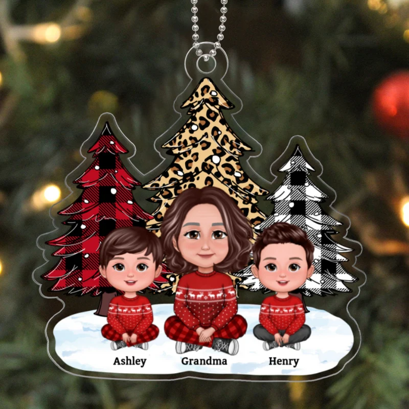 Leopard Checkered Pattern Christmas Tree Grandma Grandkids Personalized Acrylic Ornament - Image 5