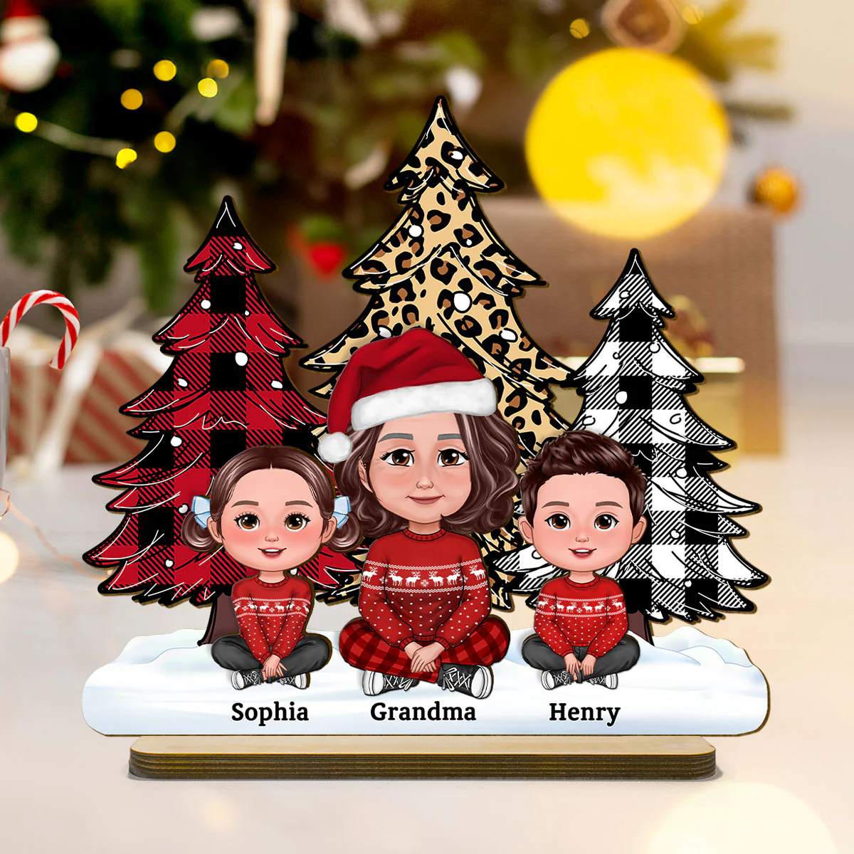 Leopard Checkered Pattern Christmas Tree Grandma Grandkids Personalized 2-Layer Standing Wooden Plaque - Image 2