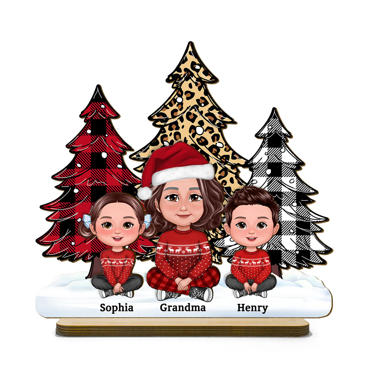 Leopard Checkered Pattern Christmas Tree Grandma Grandkids Personalized 2-Layer Standing Wooden Plaque - Image 3