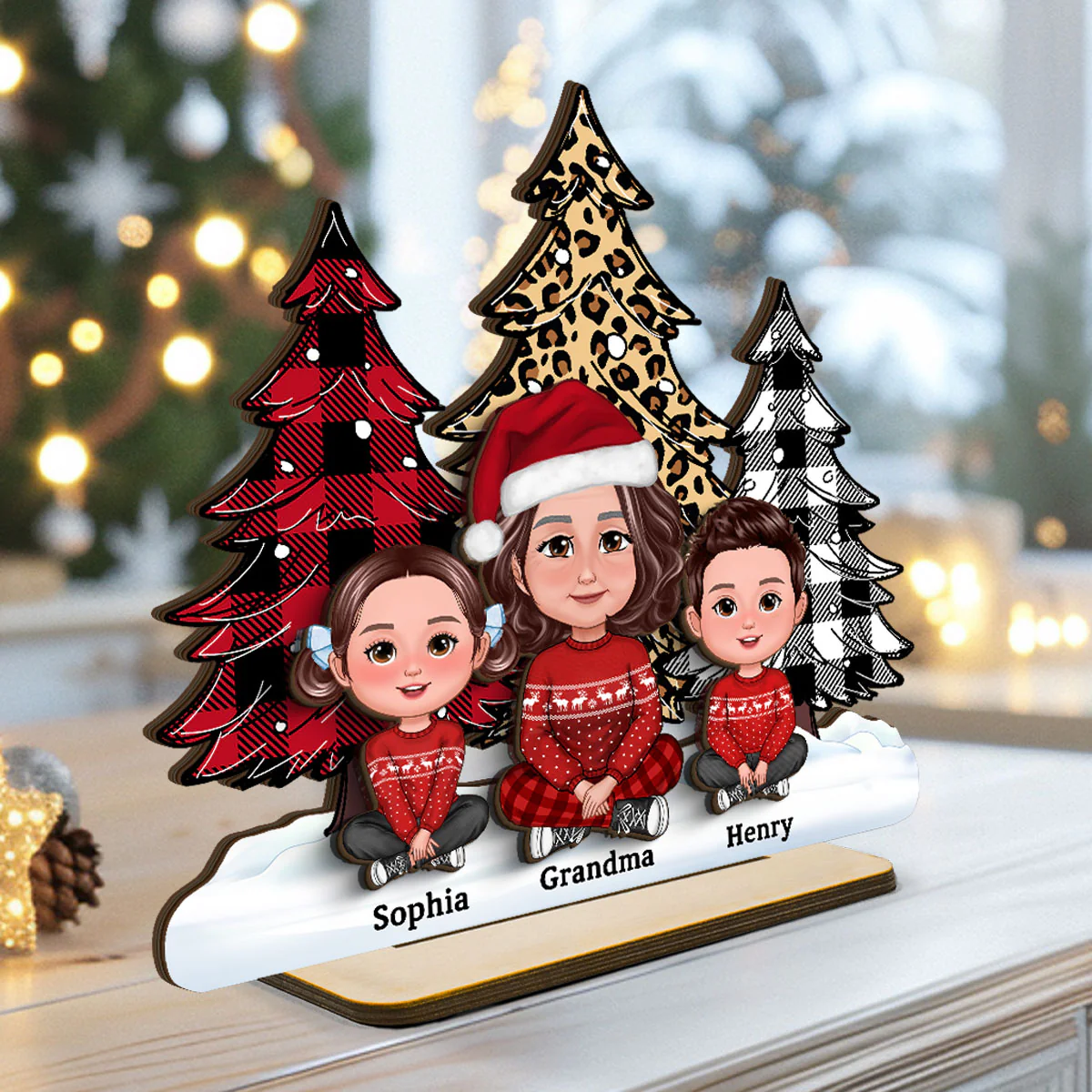Leopard Checkered Pattern Christmas Tree Grandma Grandkids Personalized 2-Layer Standing Wooden Plaque - Image 4